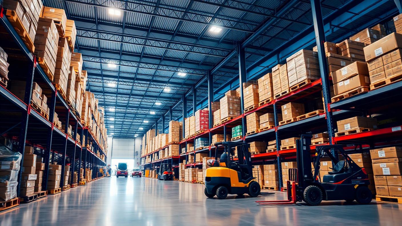 Logistics warehouse interior with forklifts moving palletised goods