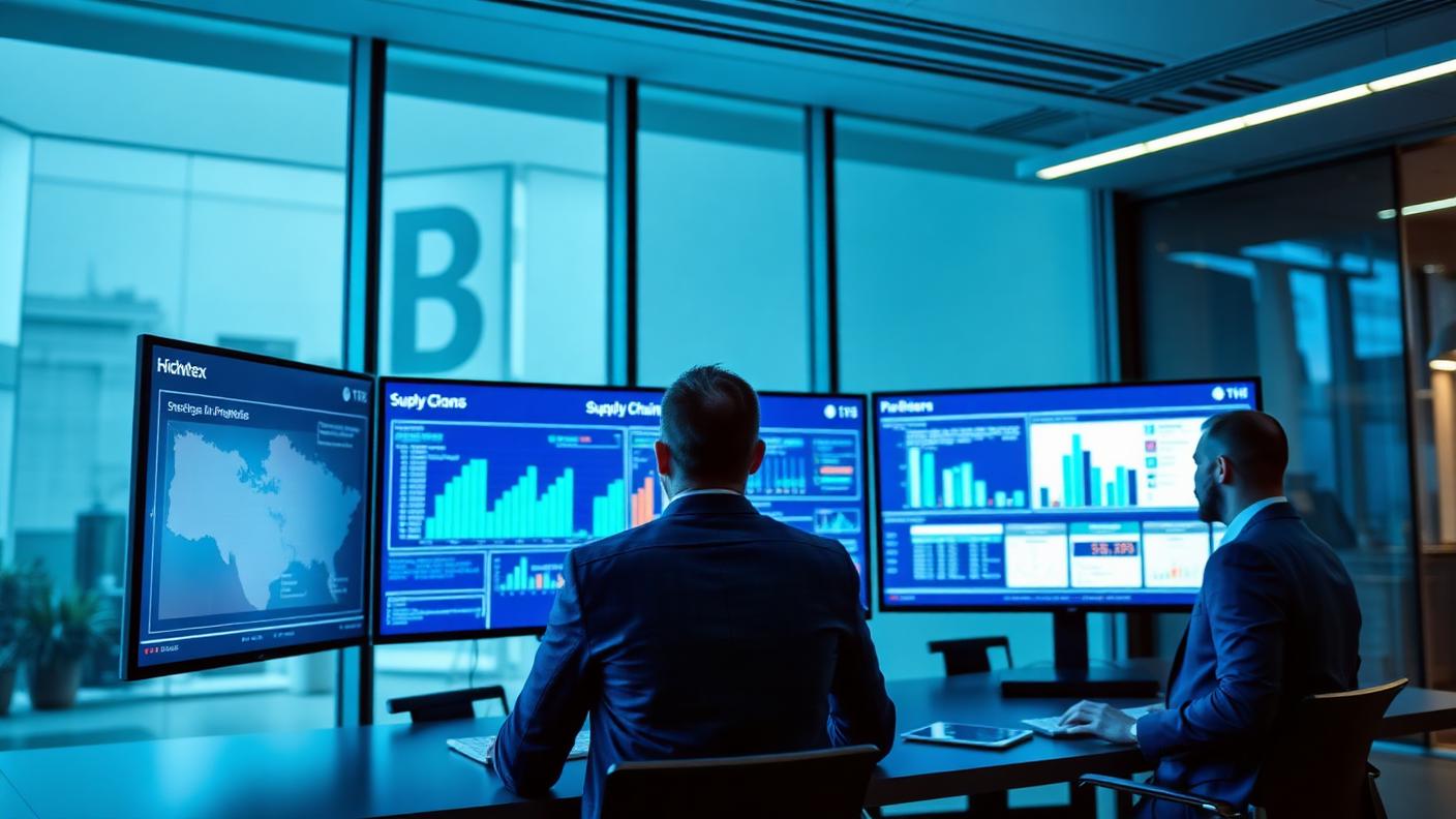 Analysts reviewing supply chain intelligence dashboards in a corporate office