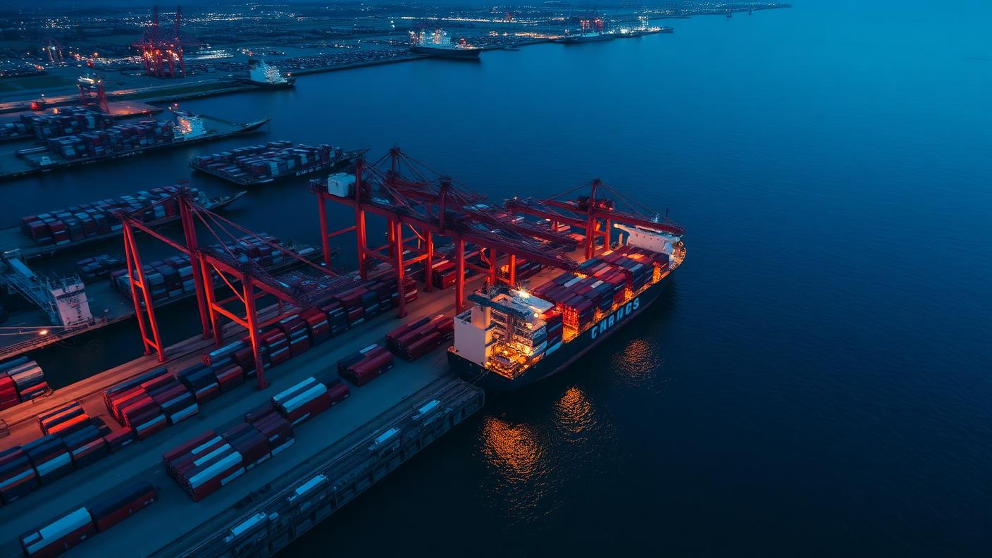 Container terminal at dusk with gantry cranes loading a vessel