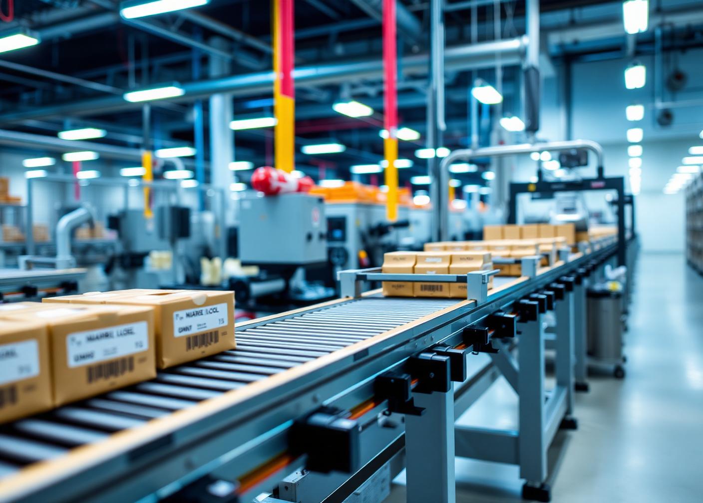 Unbranded private label packaging moving along a factory conveyor line